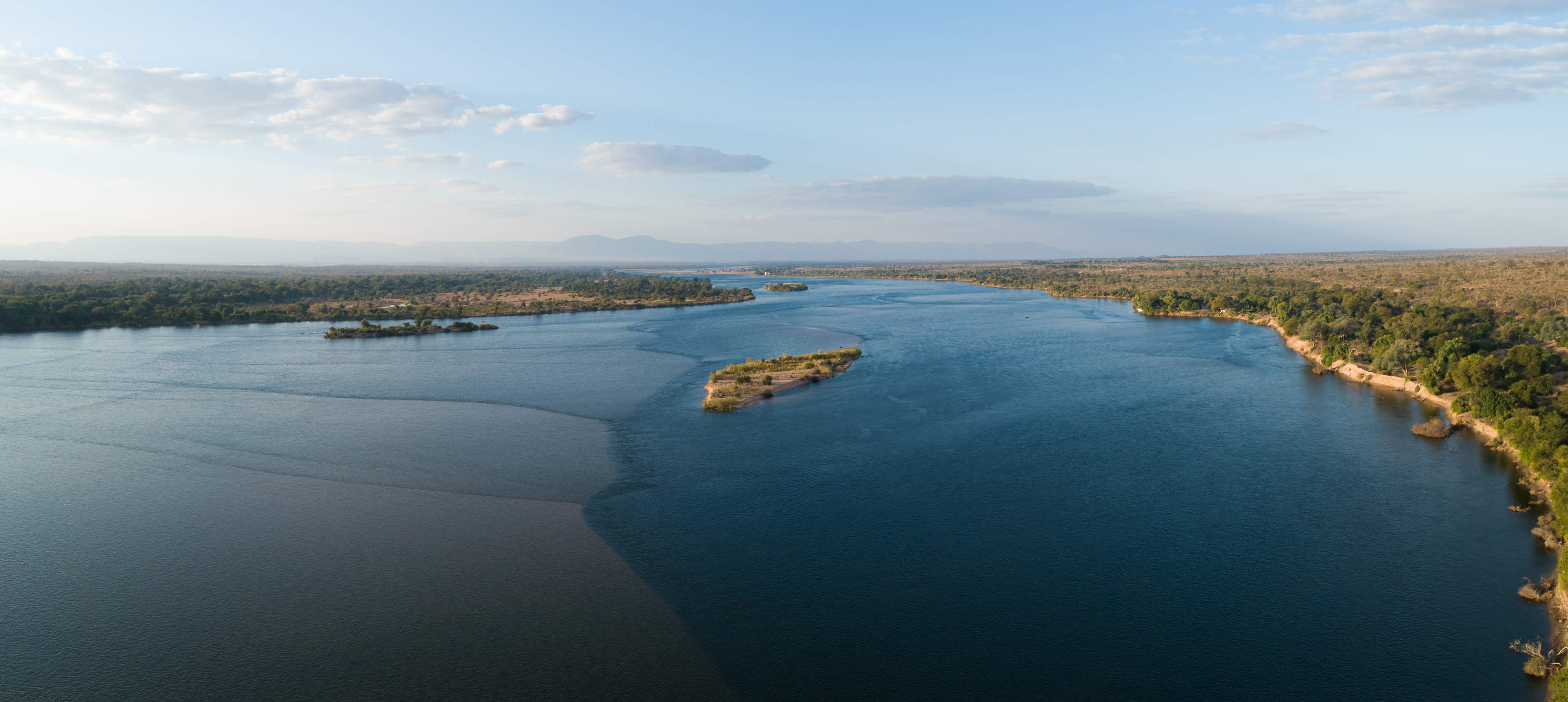 Aerial view of the lower Zambezi River winding through the bushveld